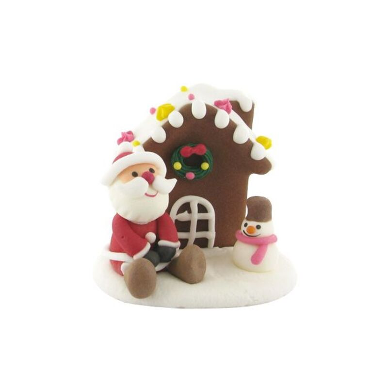 Père Noël assis et chalet en sucre - décor bûche