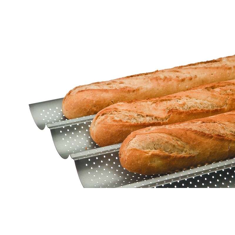 Plaque de cuisson baguette perforée avec revêtement antiadhésif pour 4 baguettes  Moule à baguette Plaque de cuisson baguette Moule à pain en feuille  (argenté) 