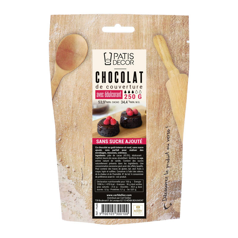 Chocolat de couverture sans sucre ajouté Patisdécor 250 g