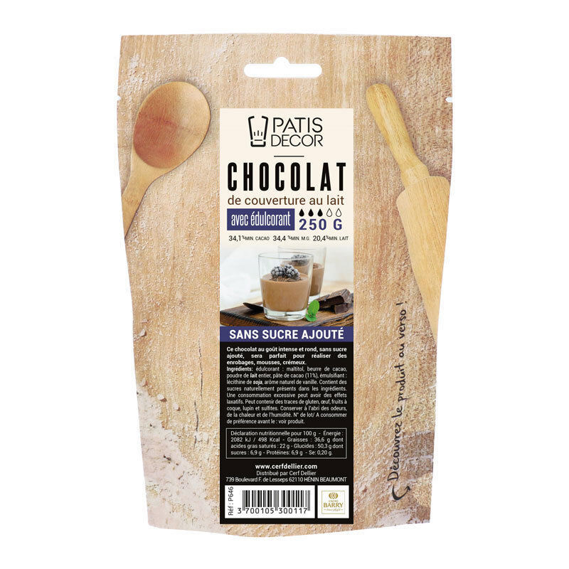 Chocolat de couverture sans sucre ajouté doux Patisdécor 250 g